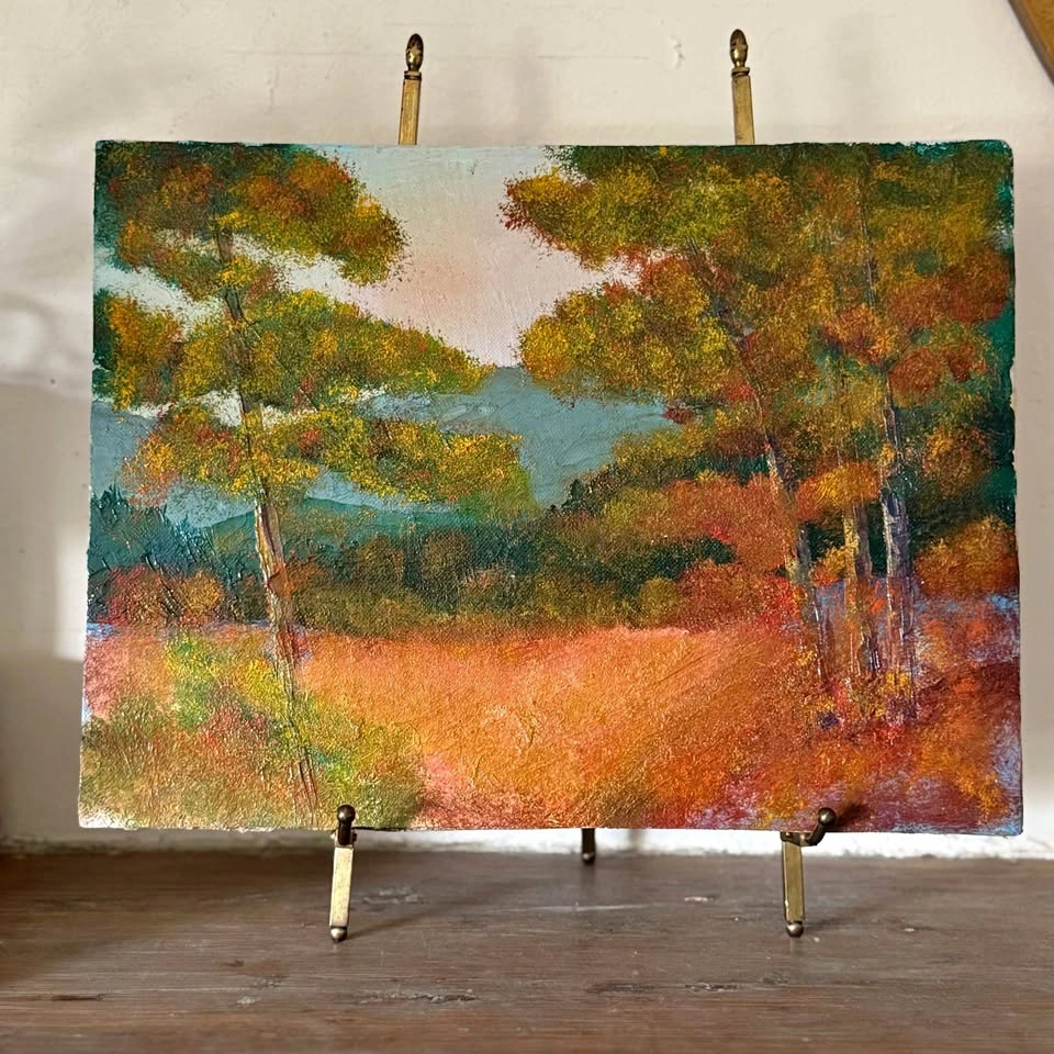 Vintage Original Landscape Painting – 9x12 Autumn Forest Art