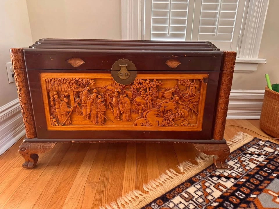 Vintage Chinese hand-carved camphor wood chest