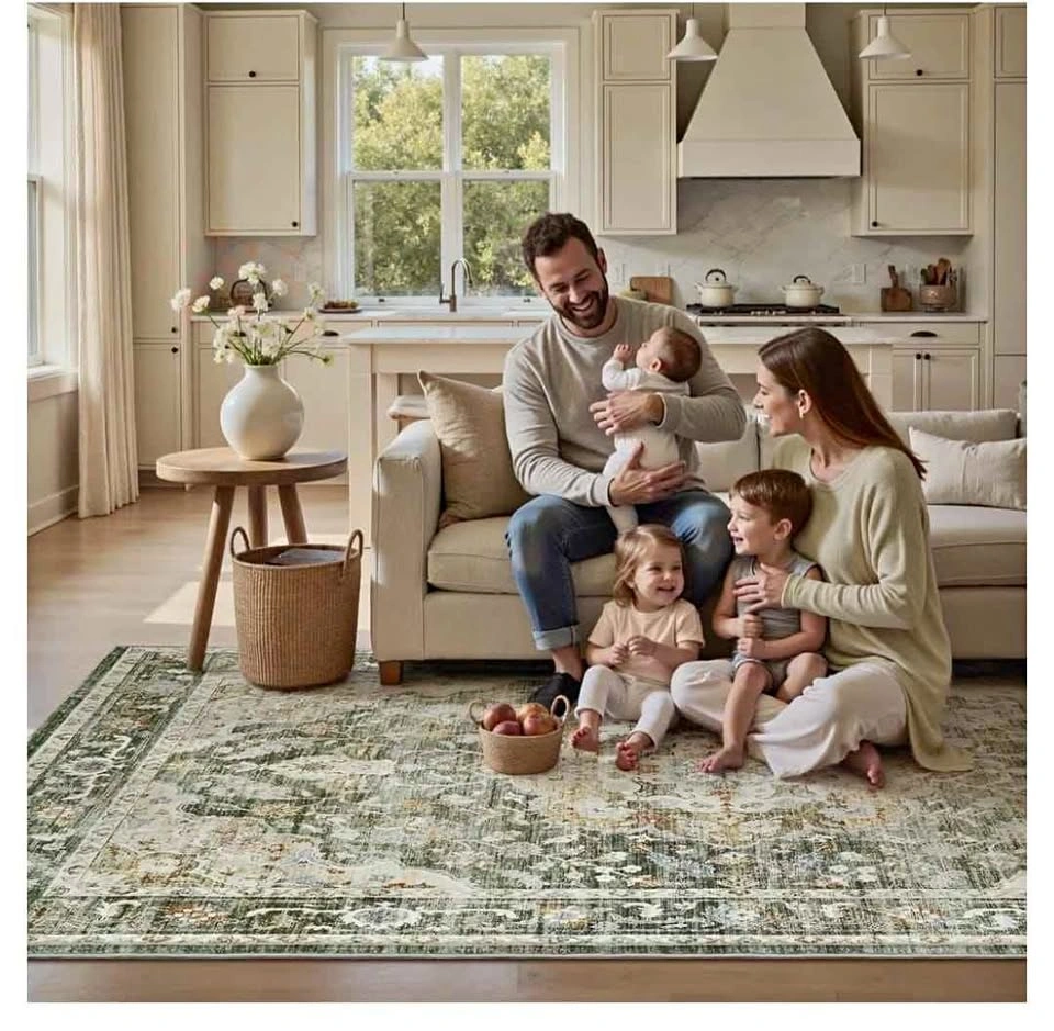 Olive Green Washable Area Rug 9x12 Vintage Floral
