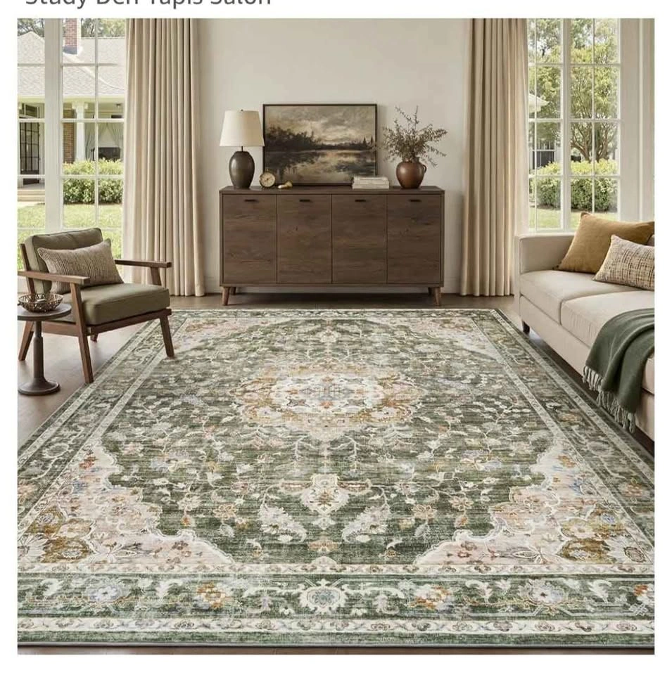 Olive Green Washable Area Rug 9x12 Vintage Floral - photo 2