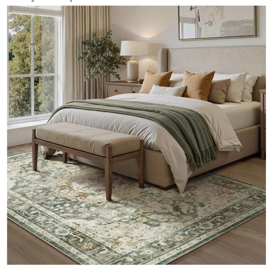 Olive Green Washable Area Rug 9x12 Vintage Floral - photo 3