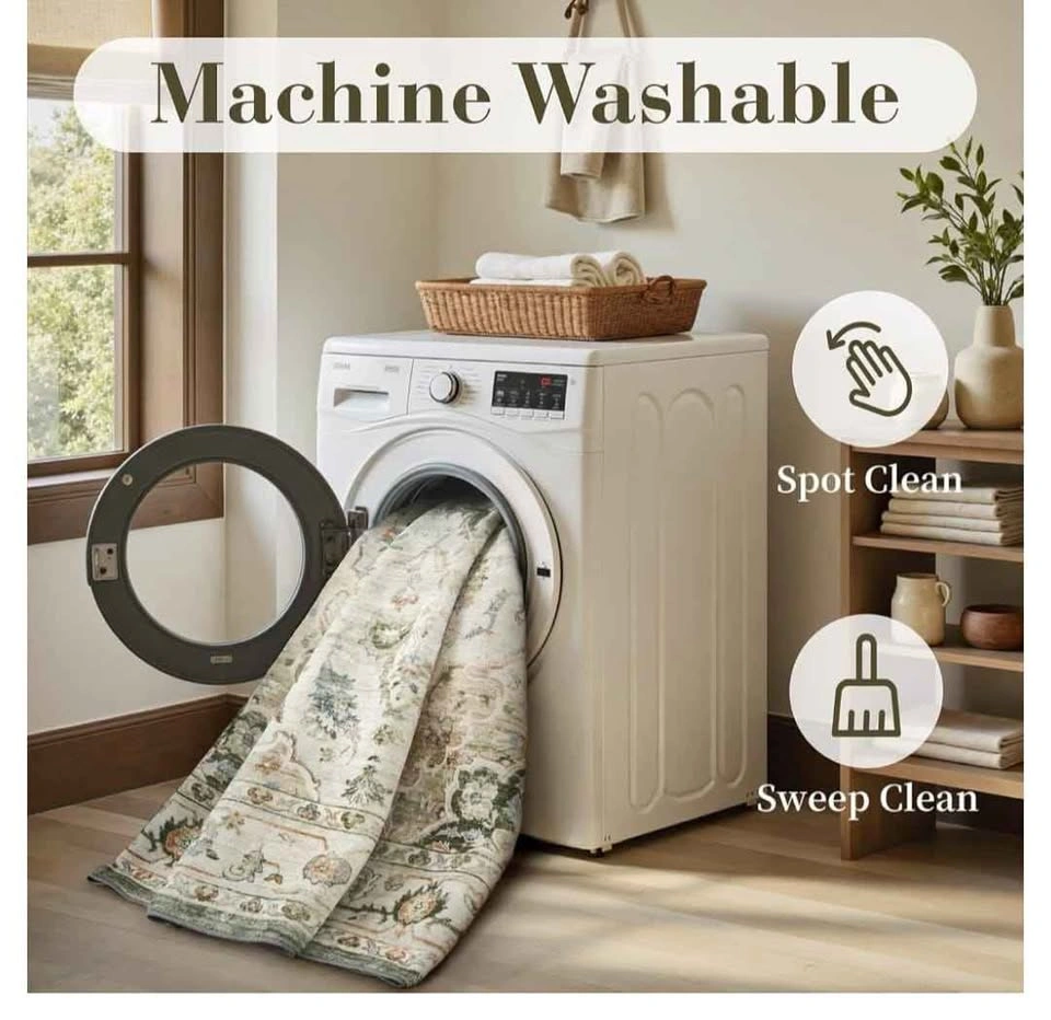 Olive Green Washable Area Rug 9x12 Vintage Floral - photo 4