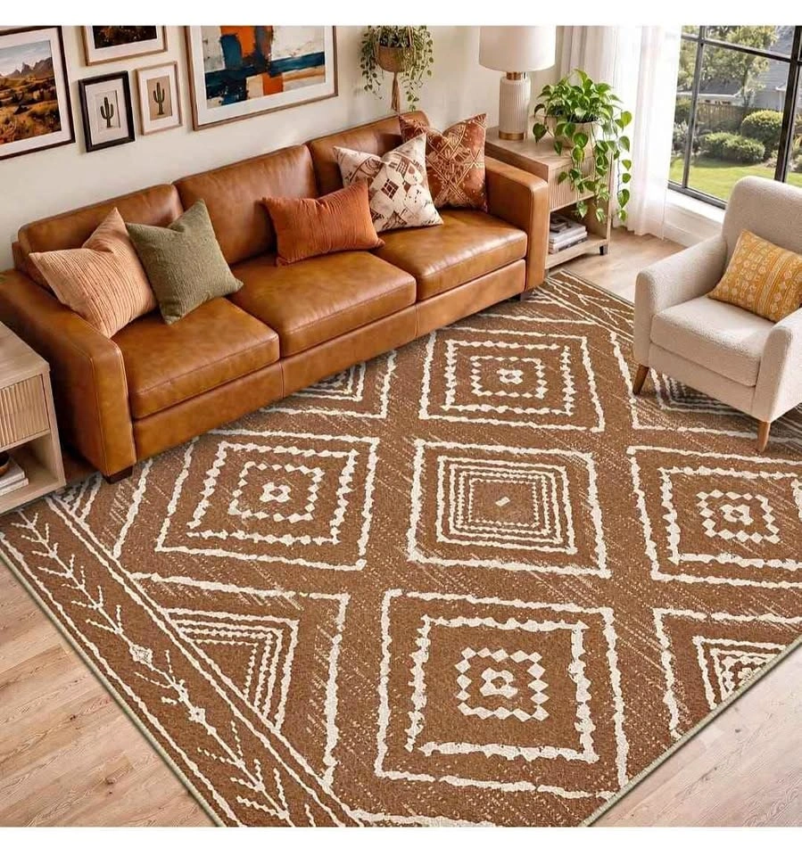 Terracotta Geometric Tribal Print Area Rug