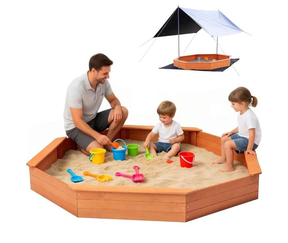 Octagonal Wooden Sandbox with Canopy and 4 Benches - photo 3