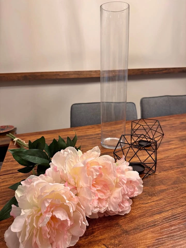 Tall Glass Cylinder Vase, Geometric Candle Holders, and Artifici