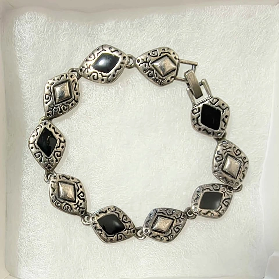 Vintage Silver-Tone Diamond Link Bracelet with Black Accents