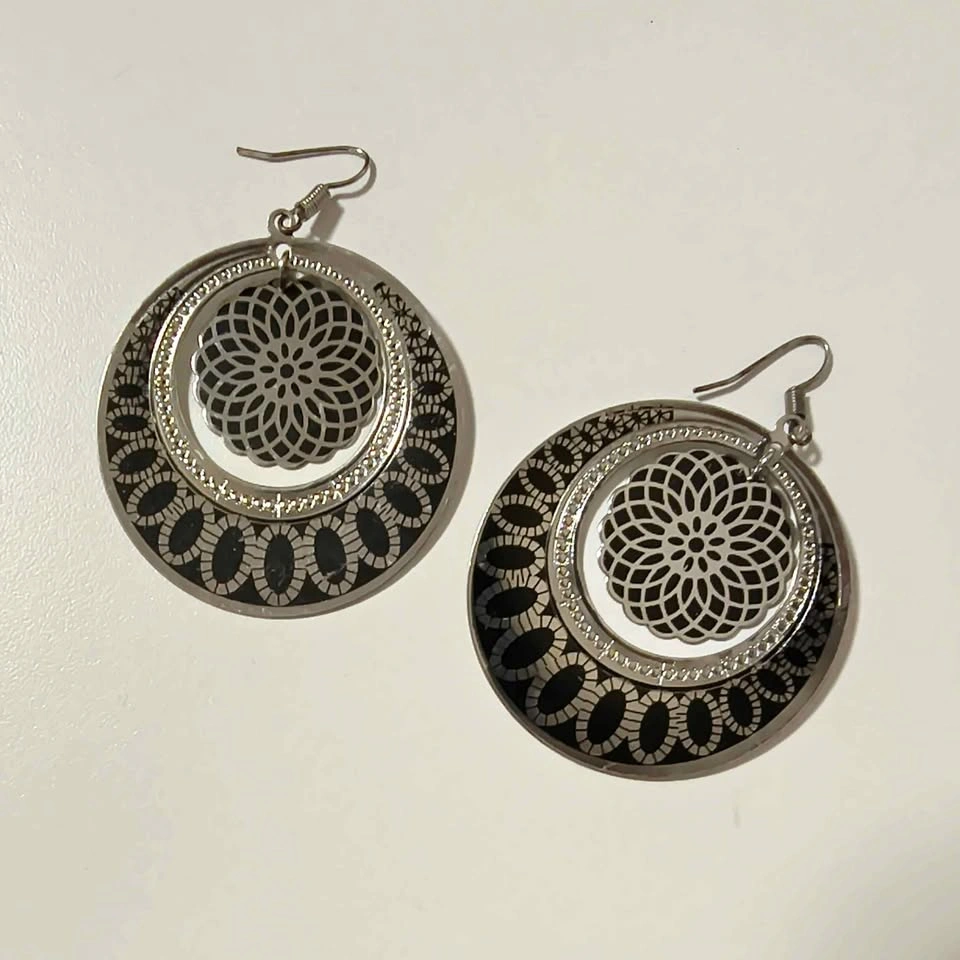 Silver-Tone Mandala Round Drop Earrings