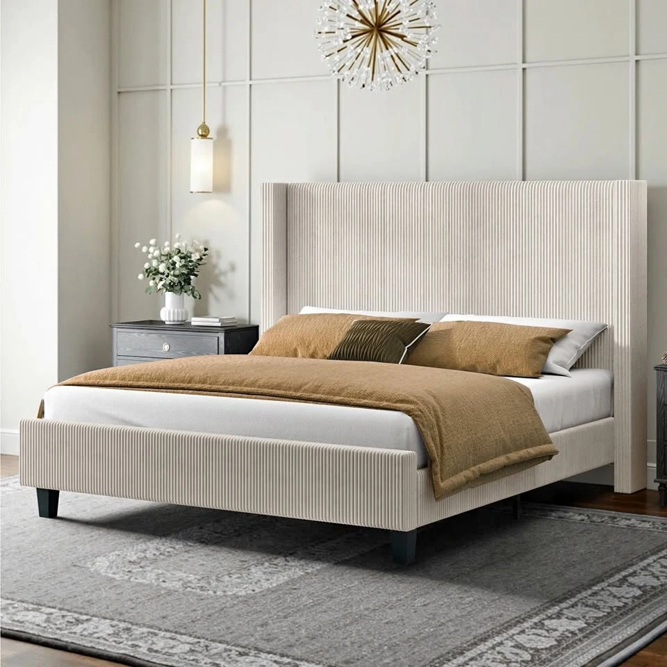 Wauseon Corduroy Upholstered Bed – King, Cream
