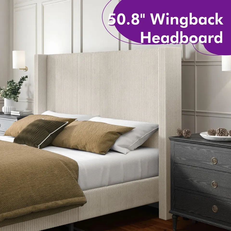 Wauseon Corduroy Upholstered Bed – King, Cream - photo 4