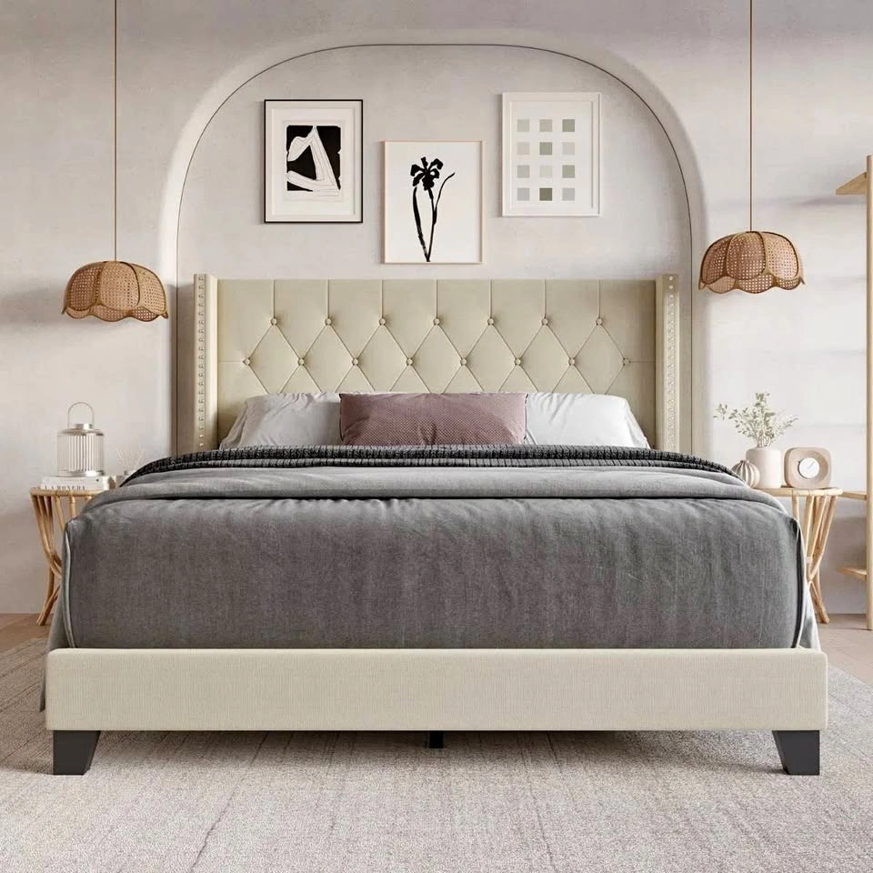 Ameire Upholstered Bed – Queen | Beige