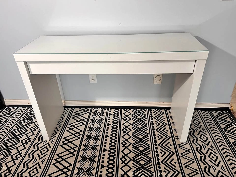White Glass-Top Console Desk with Drawer – 47”W x 16”D x 30.75”H