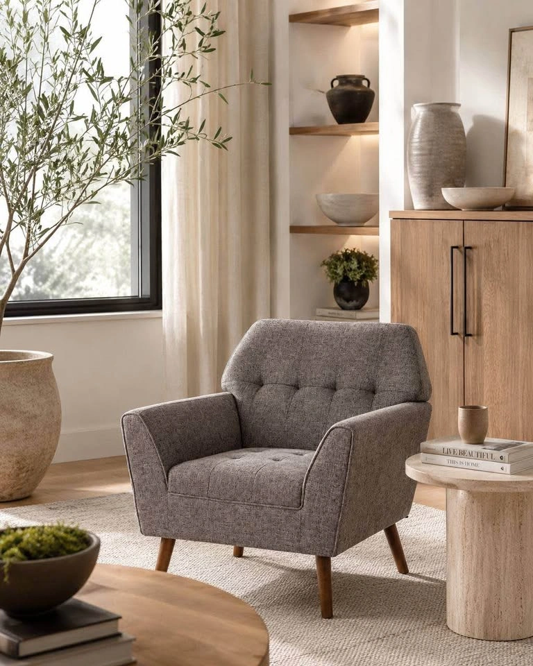 Mid-Century Modern Accent Arm Chair – Grey | Solid Wood Frame - photo 2