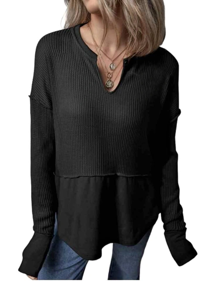 Black Waffle Knit V-Neck Long Sleeve Top Size L