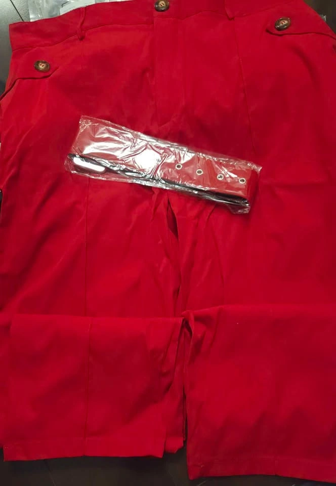 Red High-Waisted Trousers with Matching Belt - photo 3