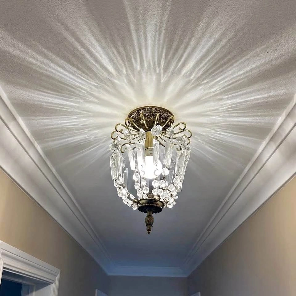 Vintage 1960s Brass & Crystal Flush-Mount Chandelier