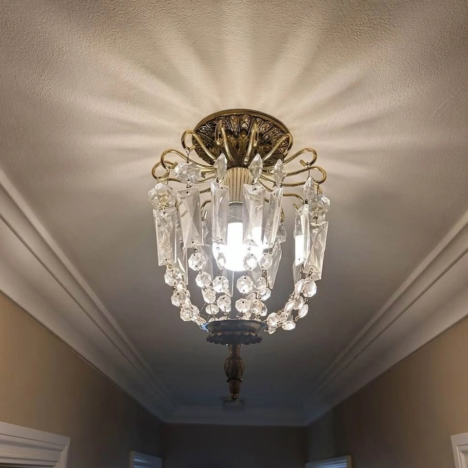 Vintage 1960s Brass & Crystal Flush-Mount Chandelier - photo 2
