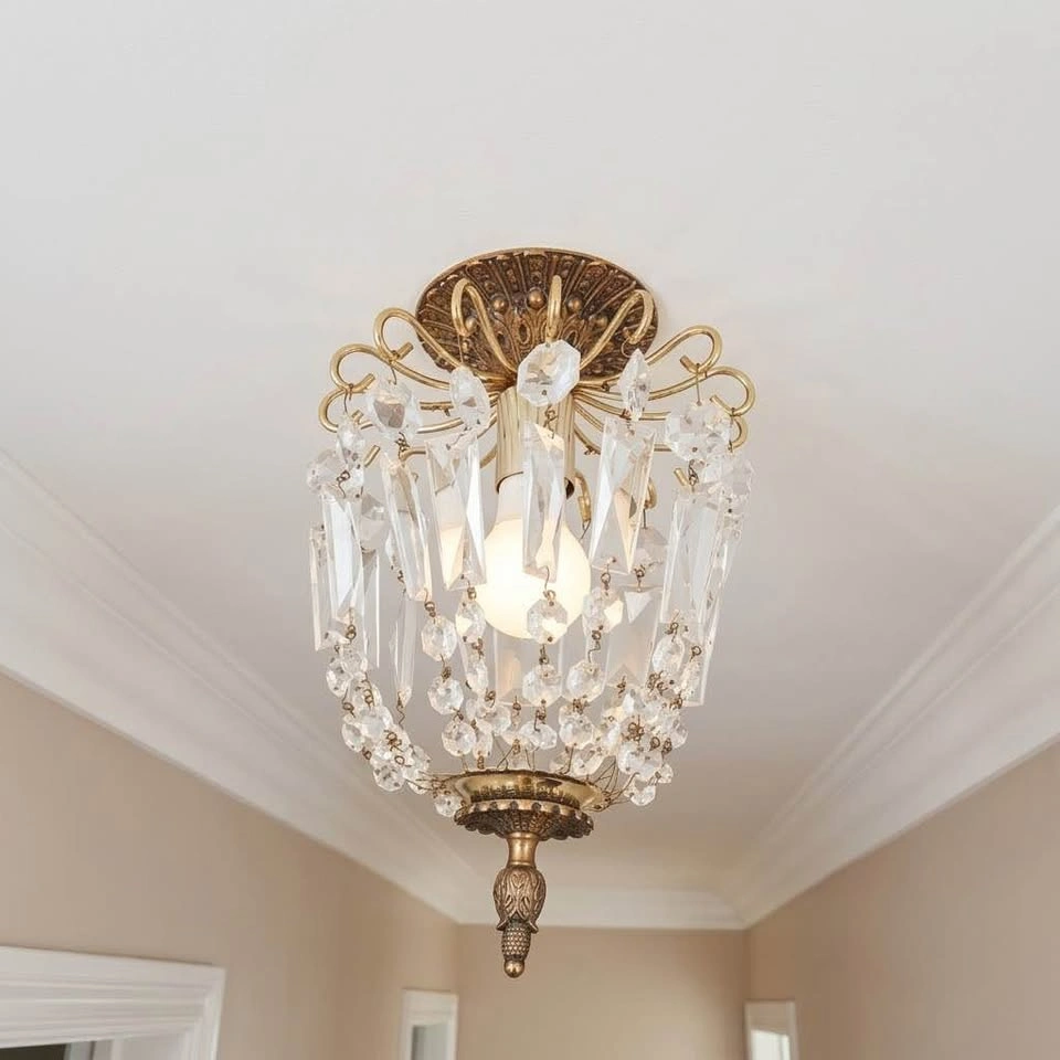Vintage 1960s Brass & Crystal Flush-Mount Chandelier - photo 3
