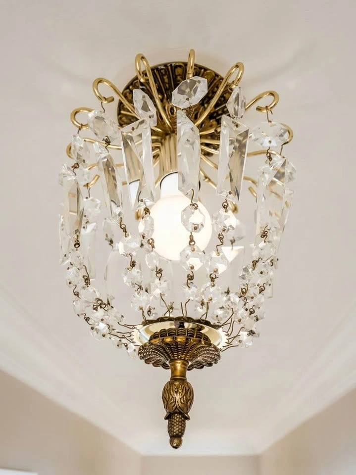 Vintage 1960s Brass & Crystal Flush-Mount Chandelier - photo 4