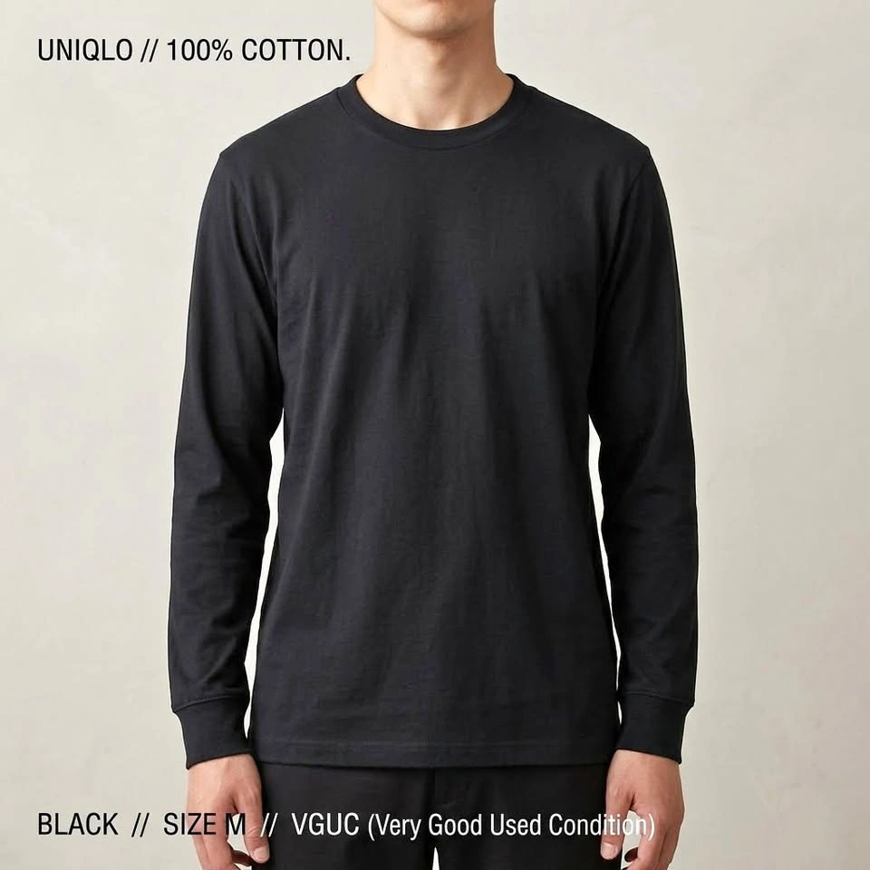 Uniqlo Long Sleeve Crew Neck T-Shirt Black Mens Medium VGUC