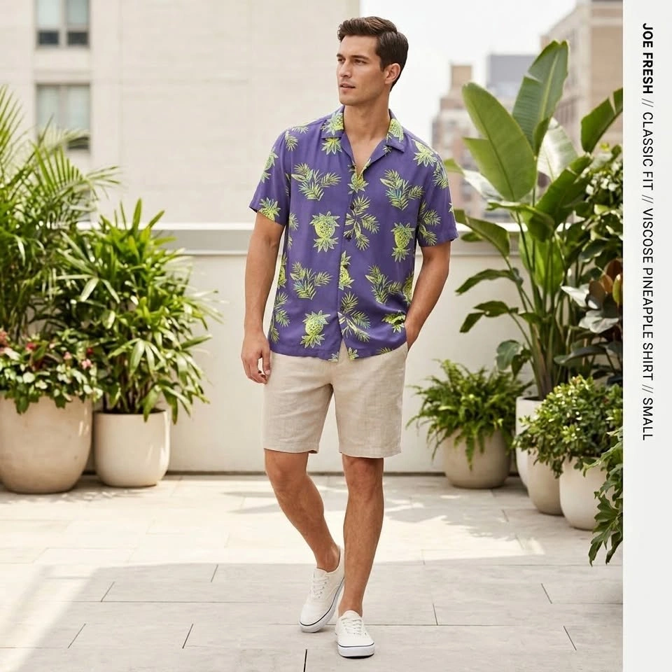 Joe Fresh Viscose Pineapple Hawaiian Shirt Small S Blue Tropics