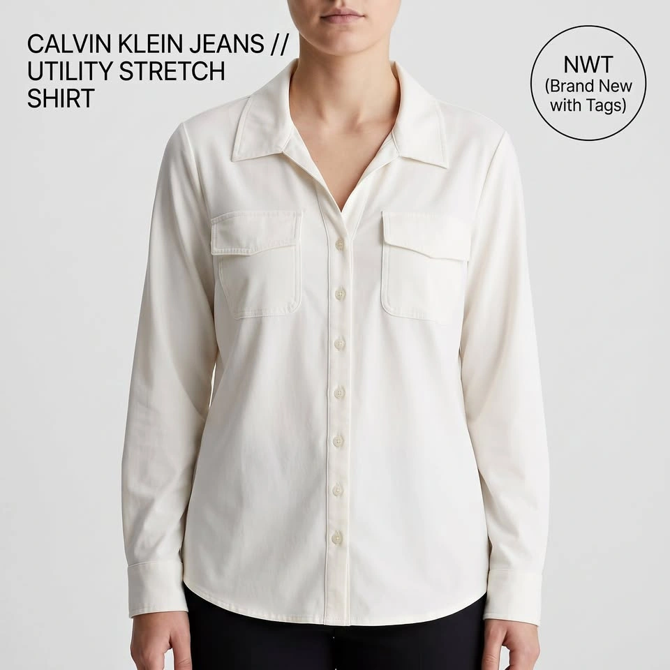 Calvin Klein Jeans Womens Utility Stretch Shirt Cream Medium