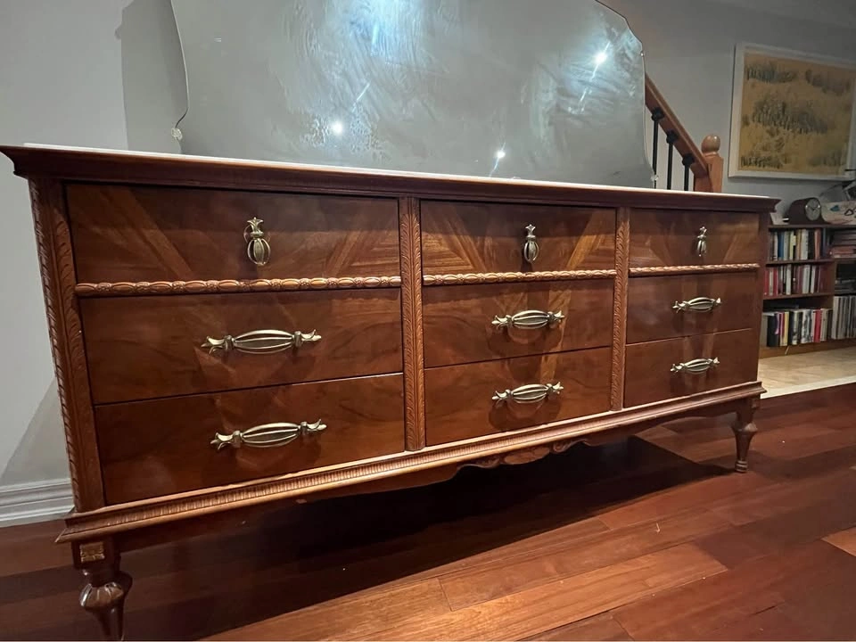 Marble-top dresser with large mirror