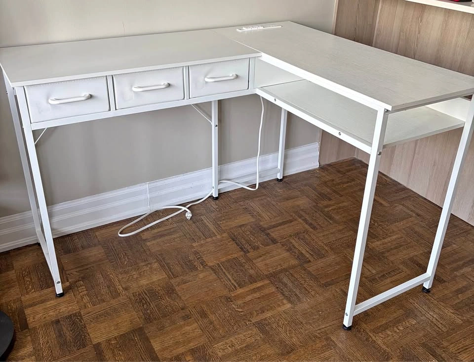 White Reversible L-Shaped Desk with Power Outlet and Drawers