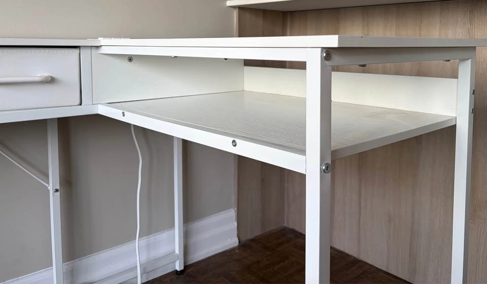 White Reversible L-Shaped Desk with Power Outlet and Drawers - photo 2