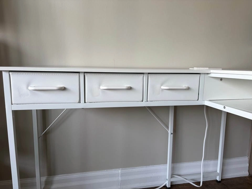 White Reversible L-Shaped Desk with Power Outlet and Drawers - photo 3