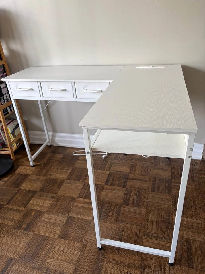 White Reversible L-Shaped Desk with Power Outlet and Drawers - photo 5