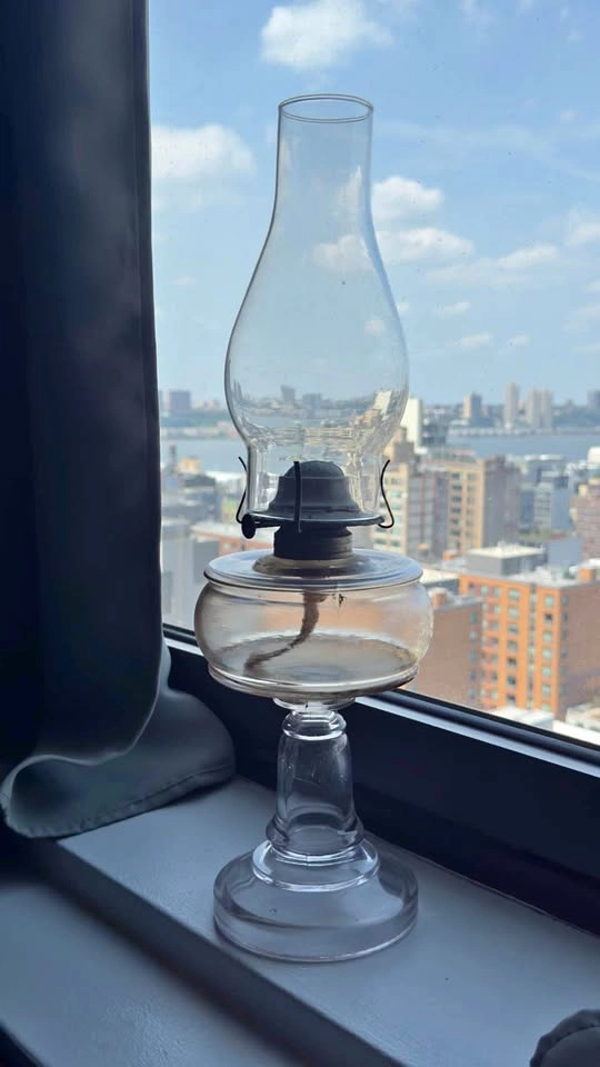 Vintage 19th-Century Clear Glass Pedestal Oil Lamp, 18"
