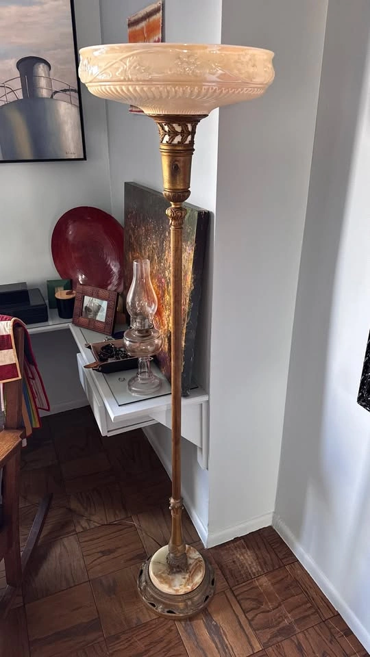Antique 1930s Art Deco Brass & Onyx Torchiere Floor Lamp