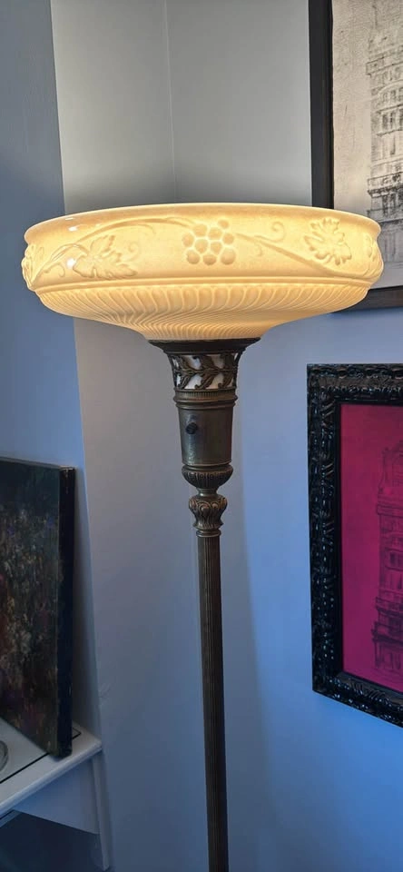Antique 1930s Art Deco Brass & Onyx Torchiere Floor Lamp - photo 2