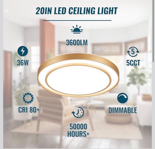 20 inch Flush Mount Ceiling Light Fixture LED 36W, Gold Dimmable - photo 2