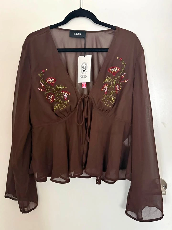 Brown V-Neck Knotted Long Sleeve Top