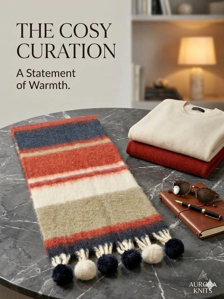 Aurora Knits Striped Pom-Pom Scarf
