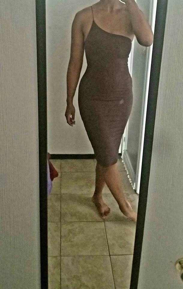 Babaton asymmetrical brown bodycon midi dress. Size XS