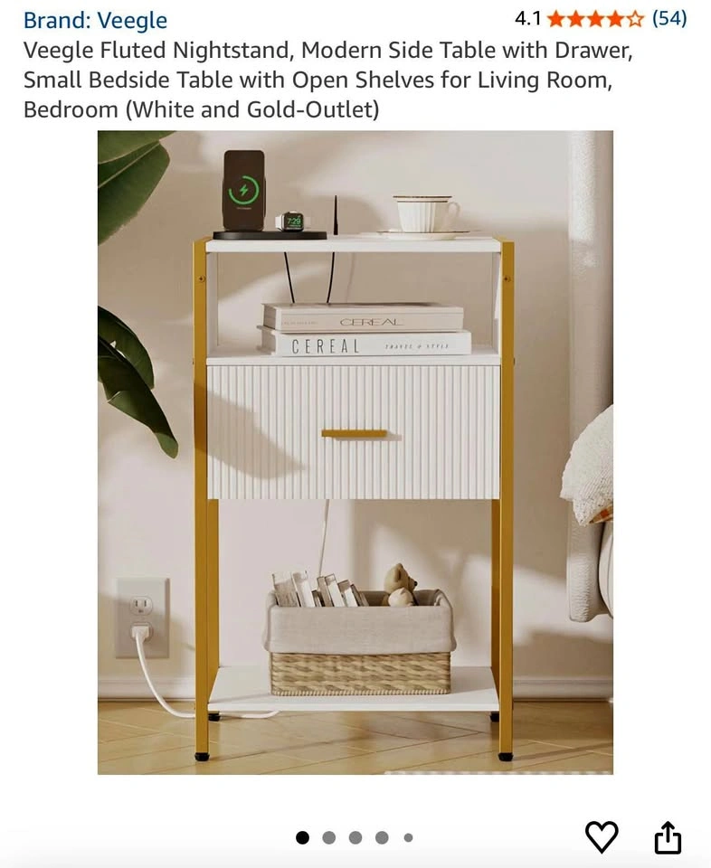 Veegle Fluted Nightstand with Charging Station – White & Gold