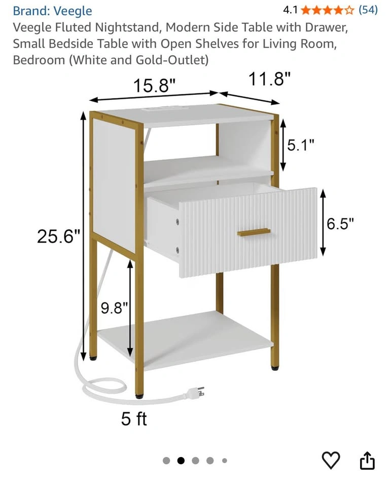 Veegle Fluted Nightstand with Charging Station – White & Gold - photo 2