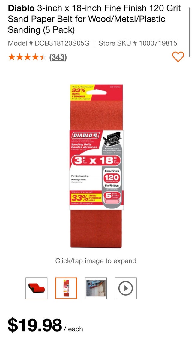 BELT SANDER (5 pack)— Diablo 3” x 18” 120 Grit