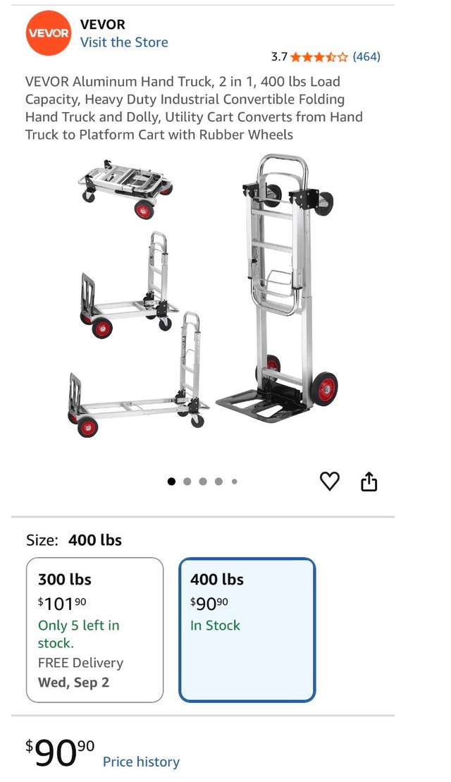 VEVOR Aluminum Hand Truck, 2 in 1, 400 lbs Load Capacity