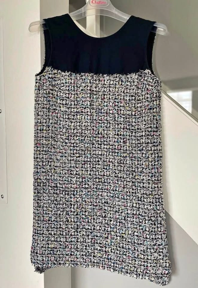 Maison Kitsune Tweed Shift Dress, sleeveless, boucle navy, white