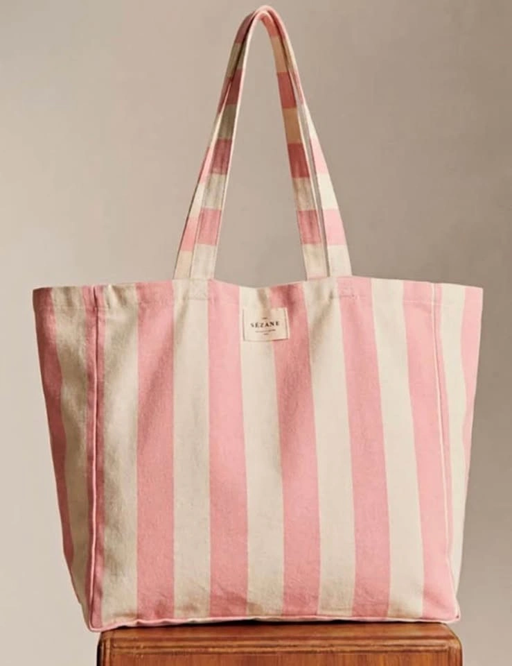 Sézane Big Tote, recycled cotton, pink and cream stripes, new
