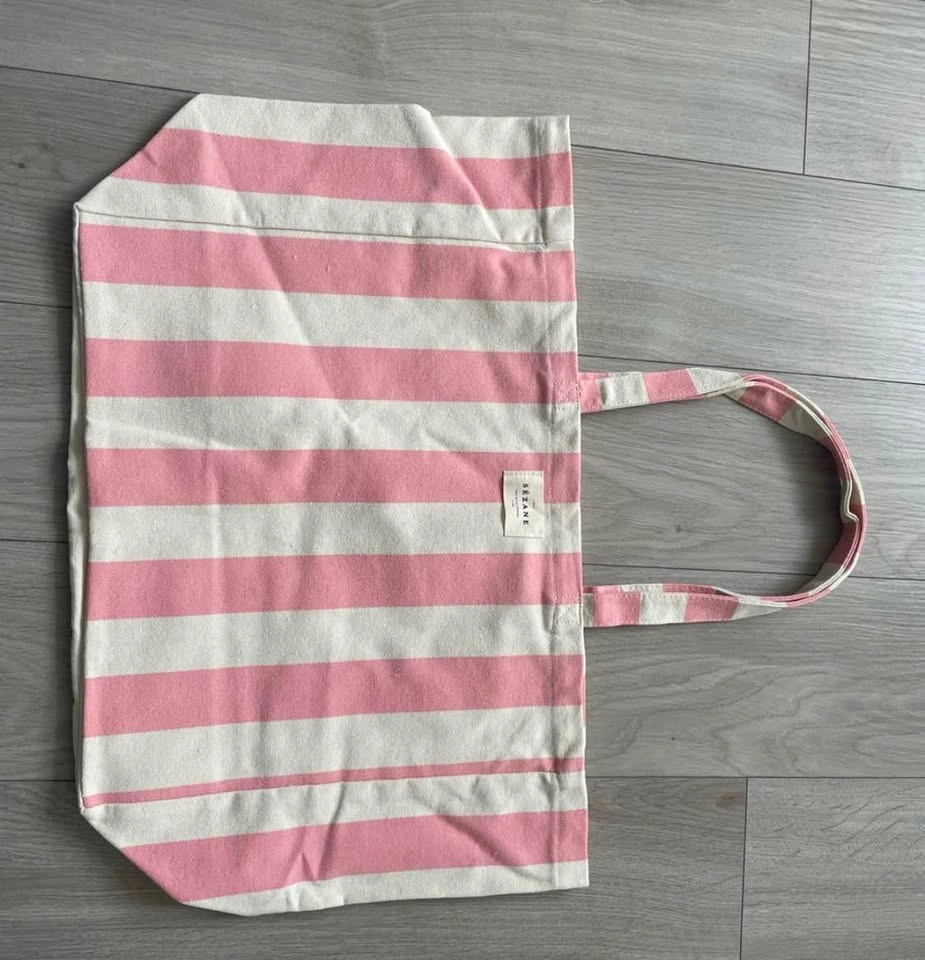 Sézane Big Tote, recycled cotton, pink and cream stripes, new - photo 2