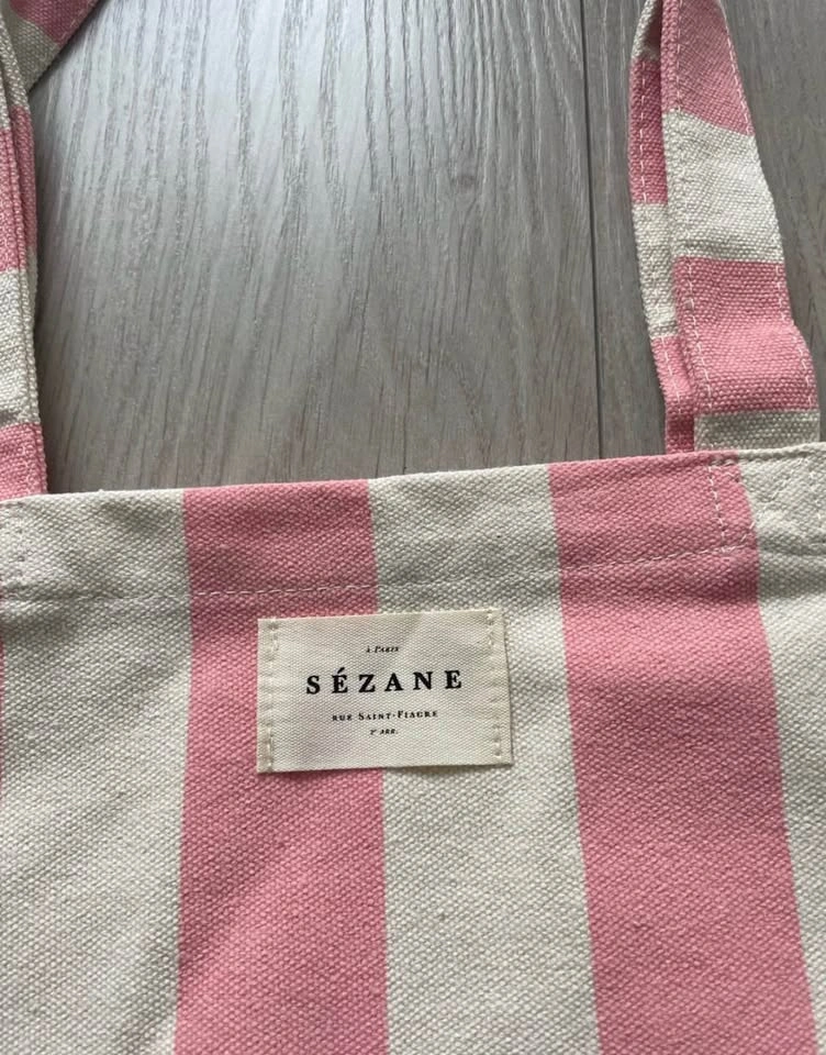 Sézane Big Tote, recycled cotton, pink and cream stripes, new - photo 3