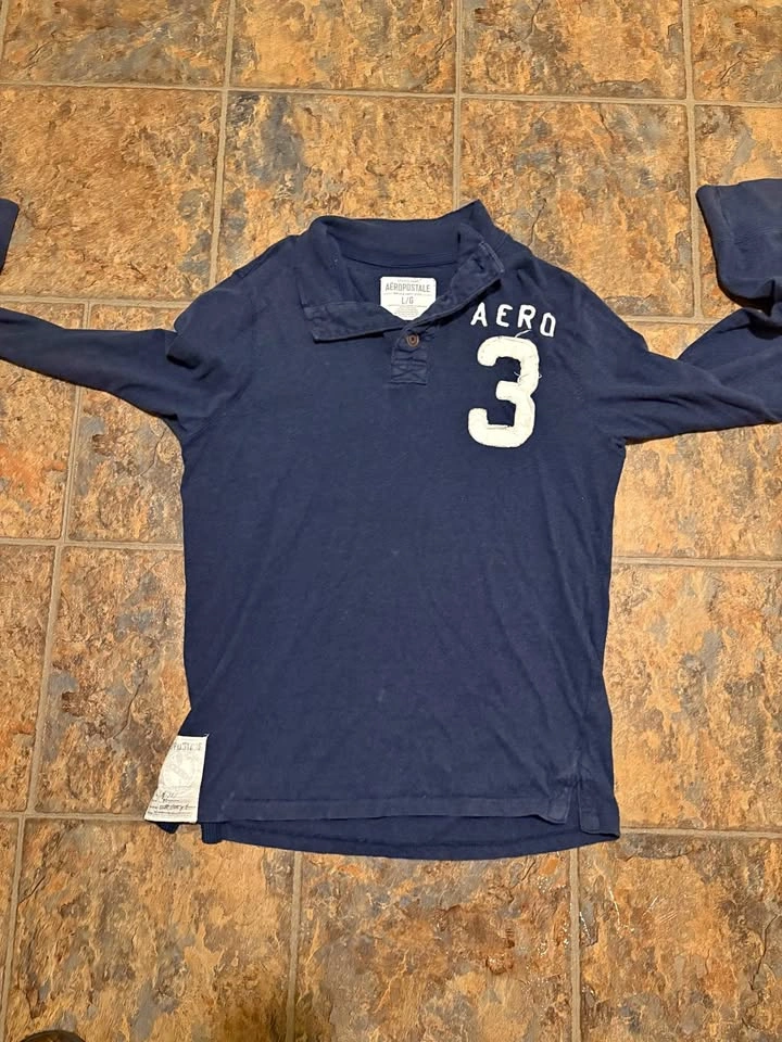 Aeropostale Long Sleeve Polo Navy AERO Mens Large