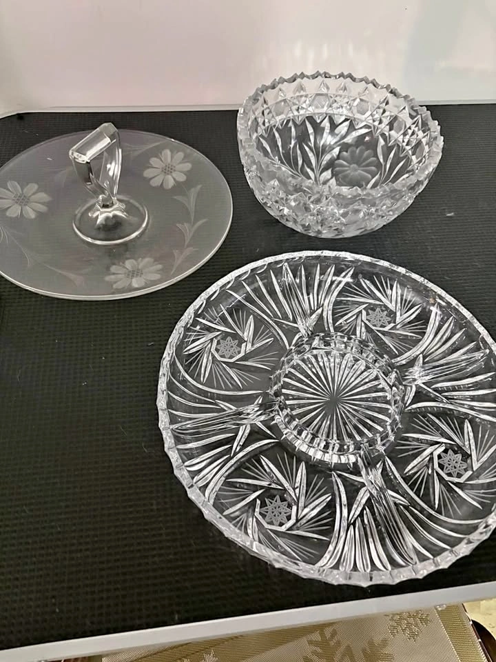 Vintage Cut and Etched Glass Serving Set - 3 Pieces