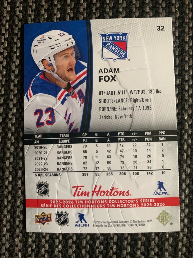 Upper Deck Adam Fox New York Rangers Hockey Card - photo 3