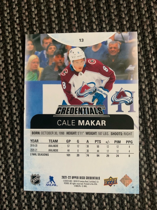Upper Deck Cale Makar Credential Hockey Card - photo 3