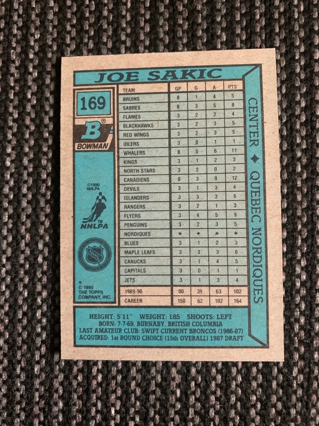 Bowman Joe Sakic 1990 NHL Card - photo 3